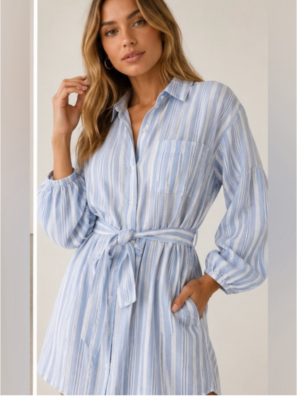 Peach Love California Blue White Stripe Shirt Dress Medium - Picture 7 of 7
